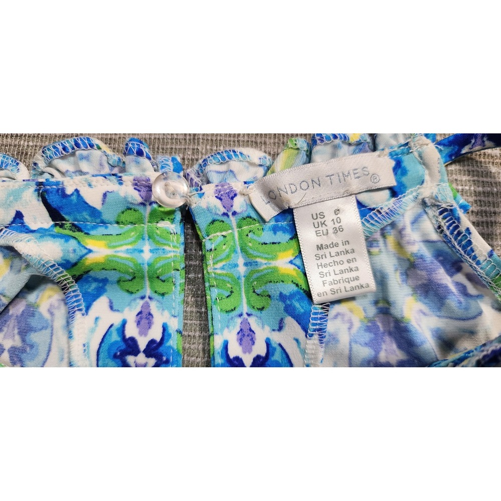 London Times Blue Green Tile Print Ruffle Halter Shift Dress Womens Size 6 - Picture 5 of 11
